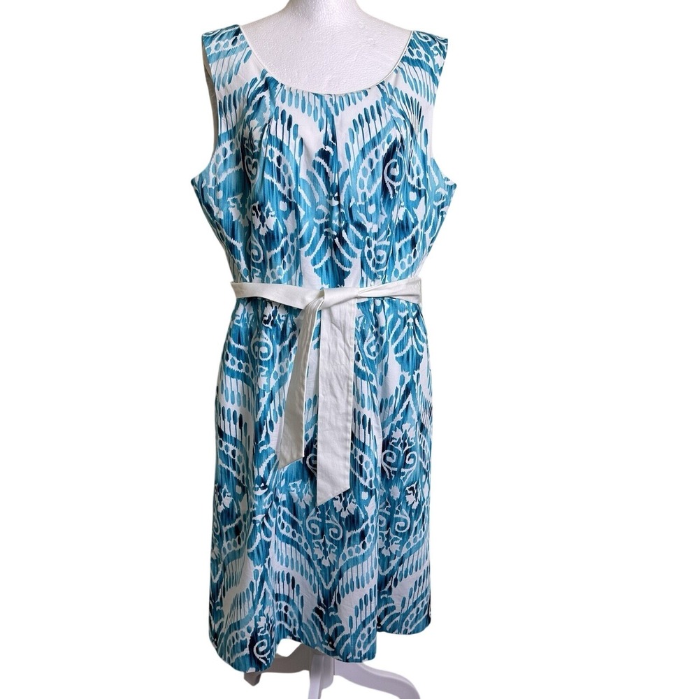 Alex Marie Ikat Print‎ Midi Dress Size 14 Blue White Cotton Blend Belted A-Line
